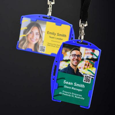 Blue Double sided twin ID-card holder for two standard size ID-cards. Can be worn vertically or horizontally. Each card is on separate sides of the card holder.