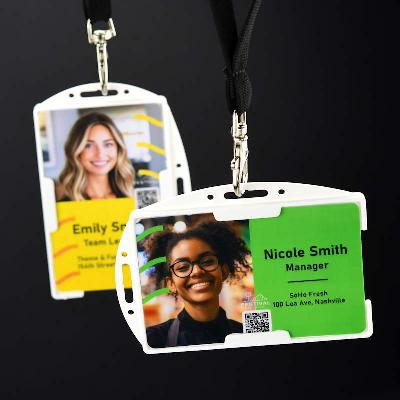 White Double sided twin ID-card holder for two standard size ID-cards. Can be worn vertically or horizontally. Each card is on separate sides of the card holder.