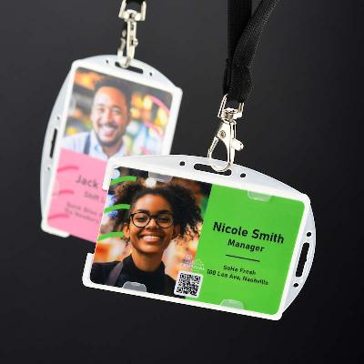 Translucent Double sided twin ID-card holder for two standard size ID-cards. Can be worn vertically or horizontally. Each card is on separate sides of the card holder.